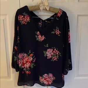 Floral V-Neck Blouse - Black with Pink and Red Flowers
